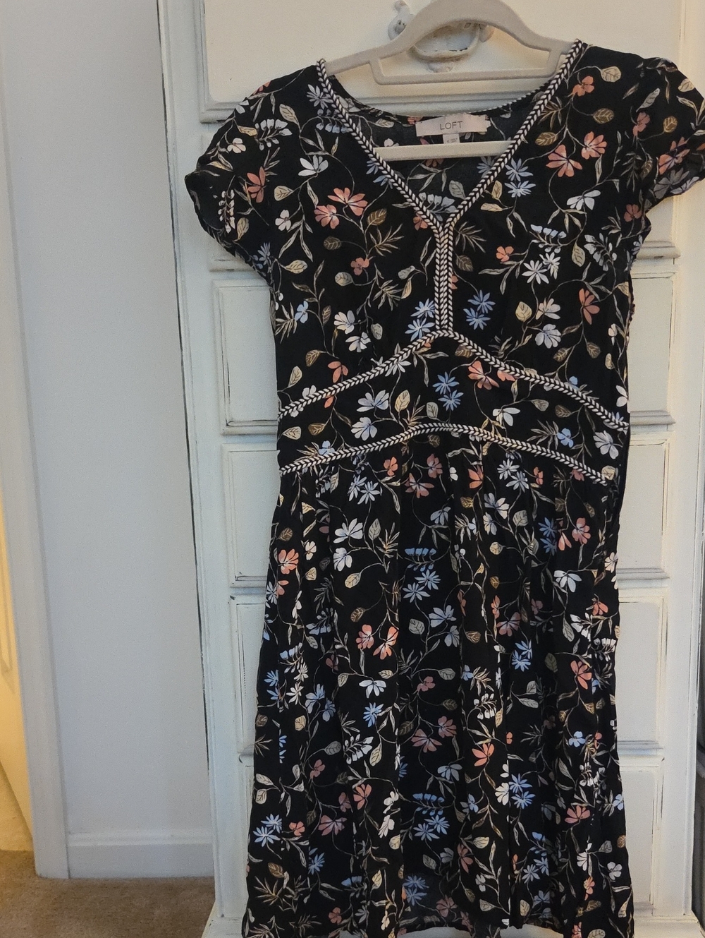 LOFT Black Floral V-Neck Dress with Pink & Blue Flowers